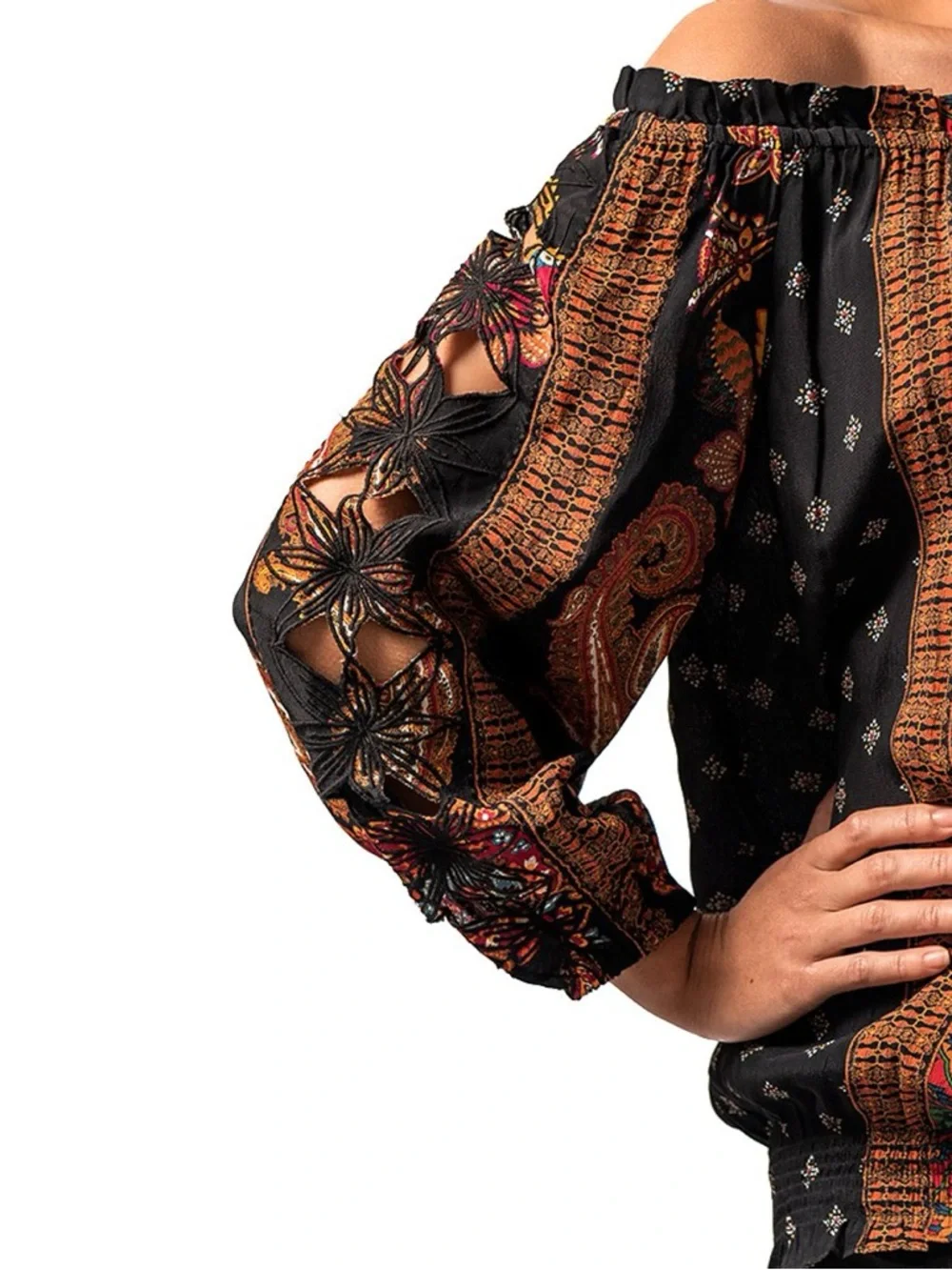 Desigual Off-Shoulder Boho Floral Patchwork Top in Black and Rust - Picture 6 of 11